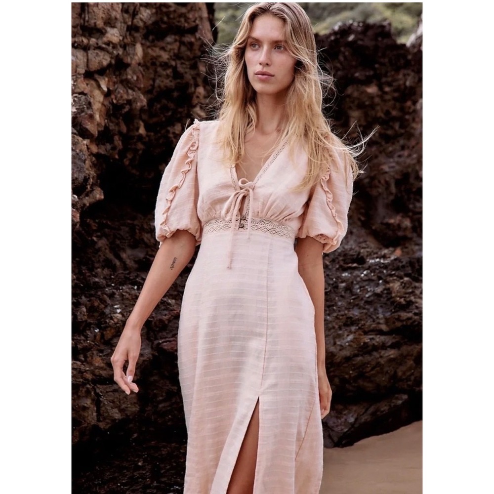 Free People Slow Pace Romantic Ruffles Femme Puff Sleeve MIDI Dres siz Small